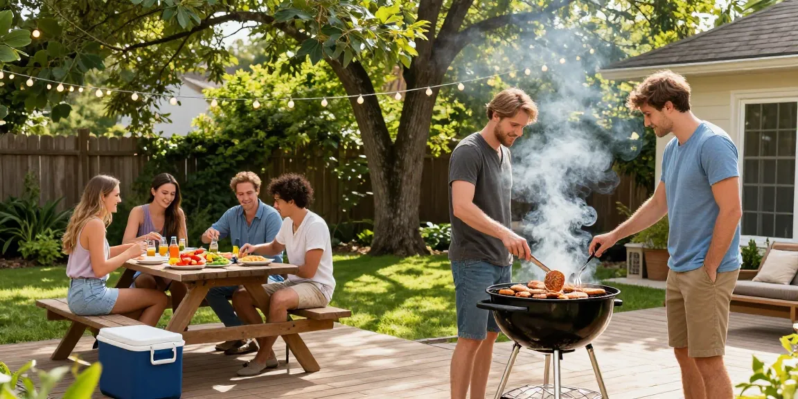 Pengaturan barbeque luar ruangan dengan teman-teman berkumpul, menikmati makanan BOS 88 di belakang rumah.