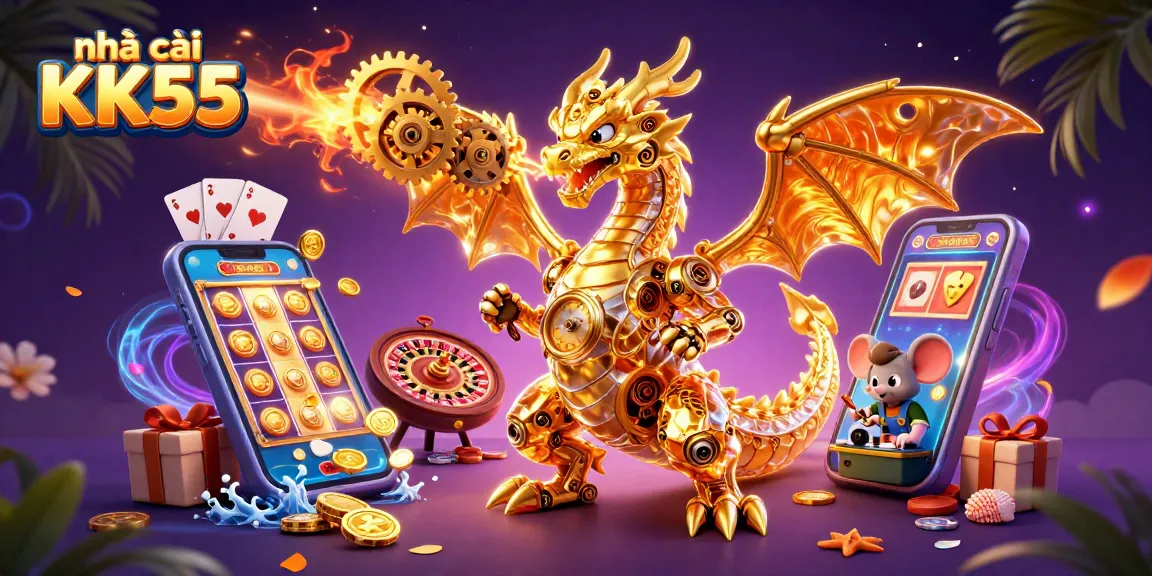 Play exciting games at nhà cái KK55, featuring a dragon and thrilling slot action in a vibrant casino scene.