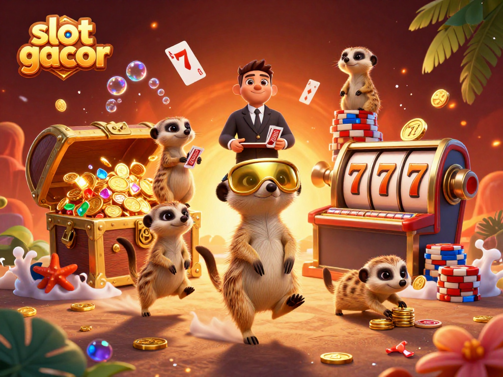 Menangkan slot gacor dengan kasino dikendalikan meerkats beroperasi ceria di tengah harta karun.