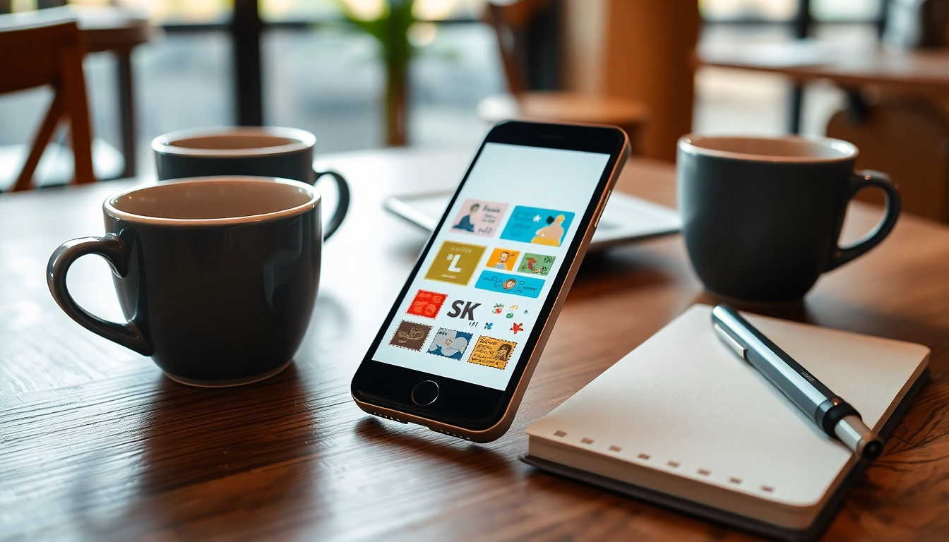 Create digital stamp cards with a vibrant app interface on a phone in a café setting.