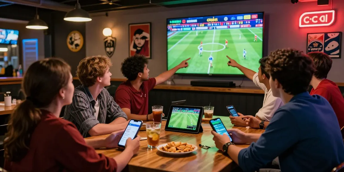 Friends enjoying a lively sports betting atmosphere while placing bets on cika4d during a live soccer match.