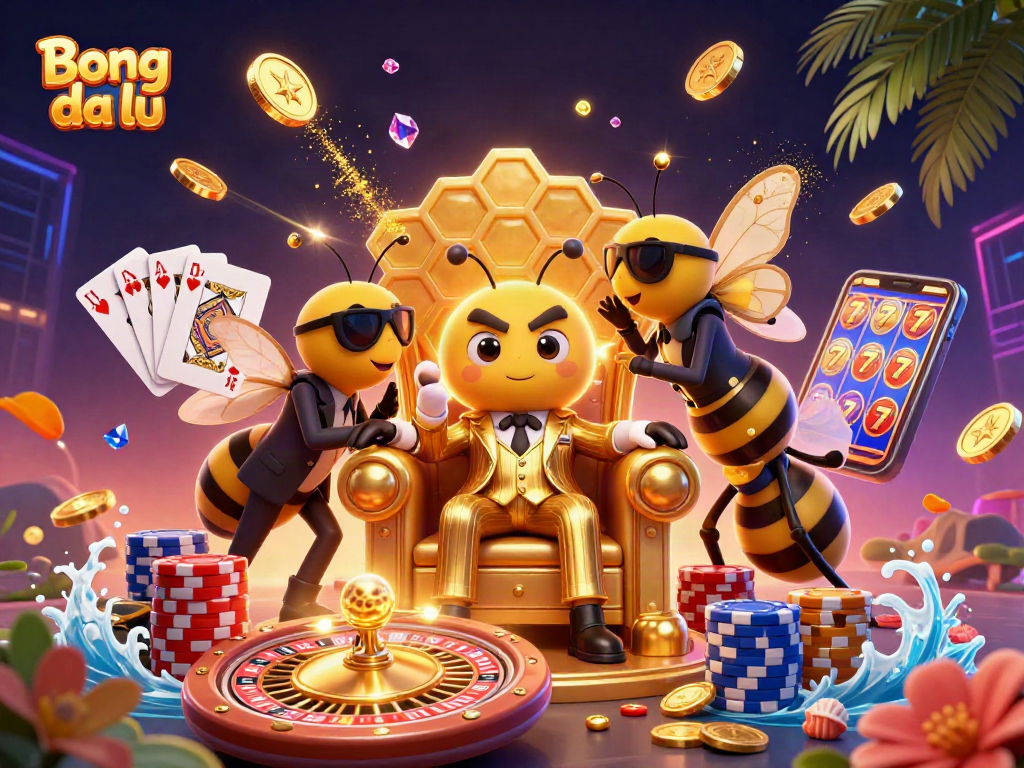 Experience excitement with Bong da lu's vibrant 3D illustration of a casino scene, featuring charming characters and thrilling elements.