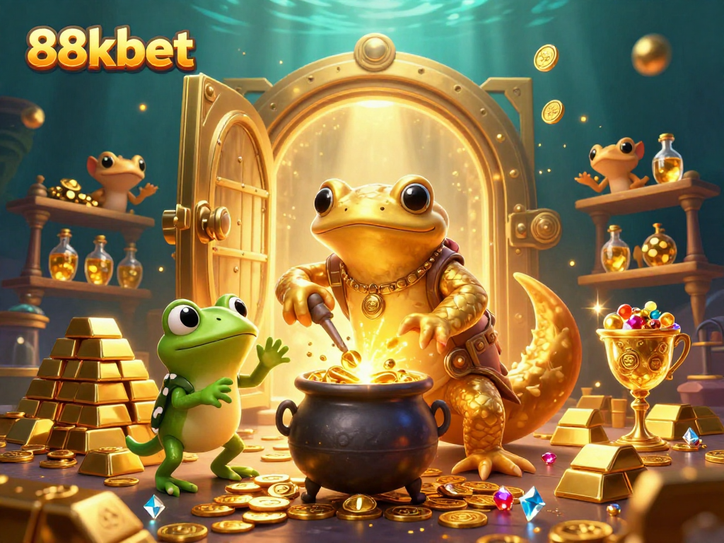 88kbet's enchanting scene of a golden alchemist transforms metals as players win big bets.