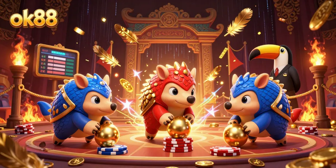 ok88 pangolins bowling through poker chips in a vibrant casino-themed 3D scene
