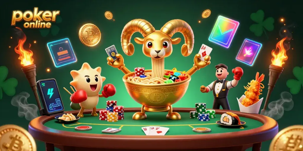 Engage in poker online with a vibrant scene showcasing a giant ramen bowl dealing cards amidst a festive casino atmosphere.