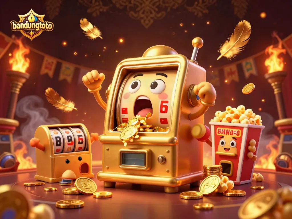 Feel the thrill at bandungtoto as the golden slot machine hits a jackpot amidst cheering smaller machines and festive decor.
