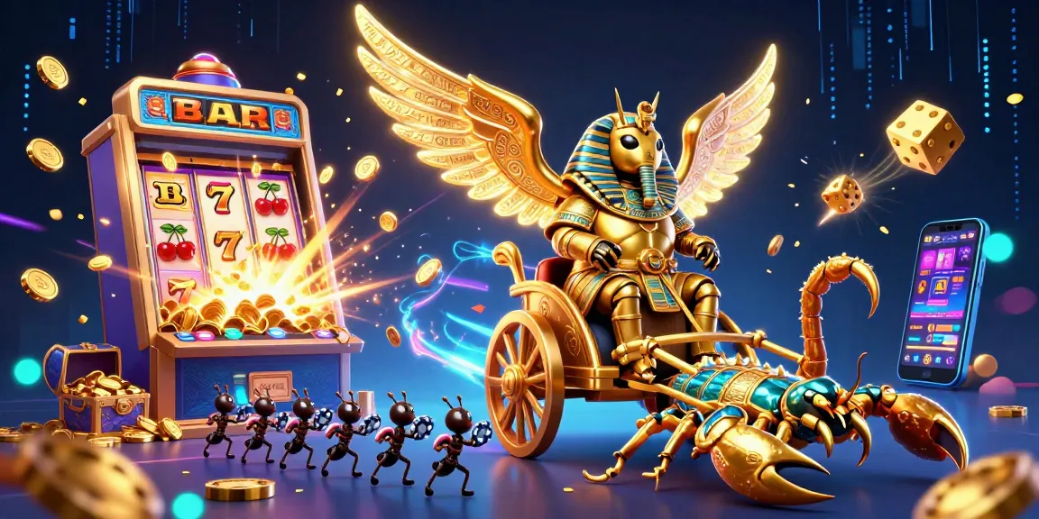 Experience the thrill of sunwin with a vibrant casino scene featuring a golden scarab beetle and jackpot celebration.