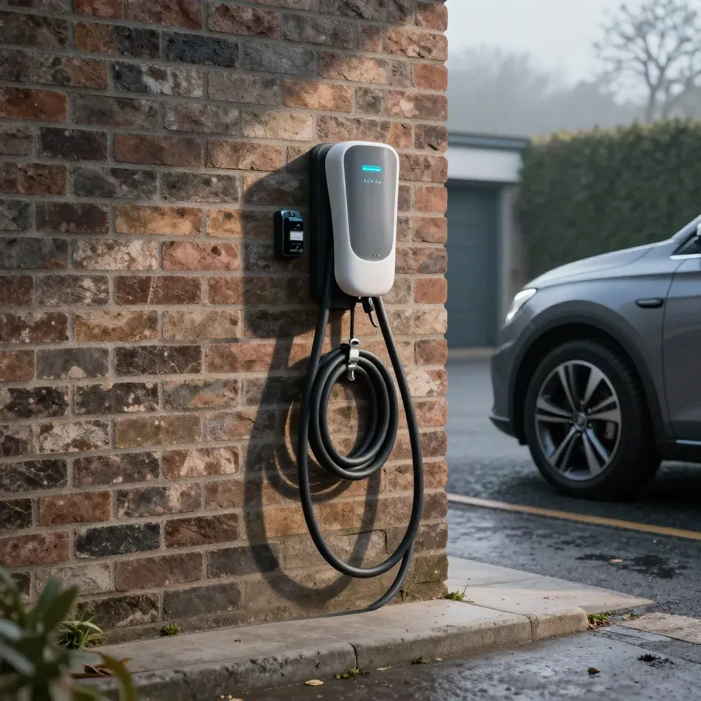 EV charger on a brick driveway wall beside a parked hatchback in cool mist