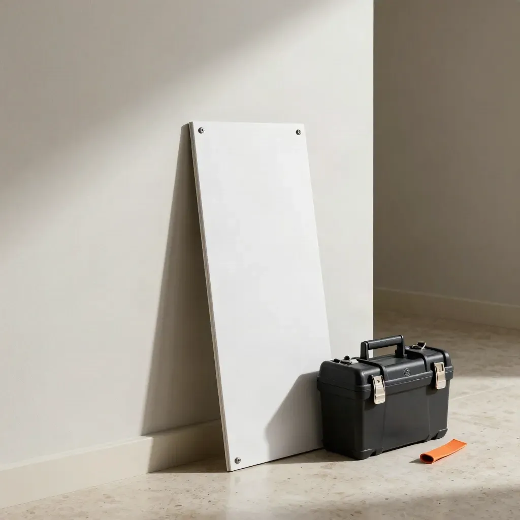 Fresh consumer unit on a hallway wall with clipped cable, dust and a closed tool case.