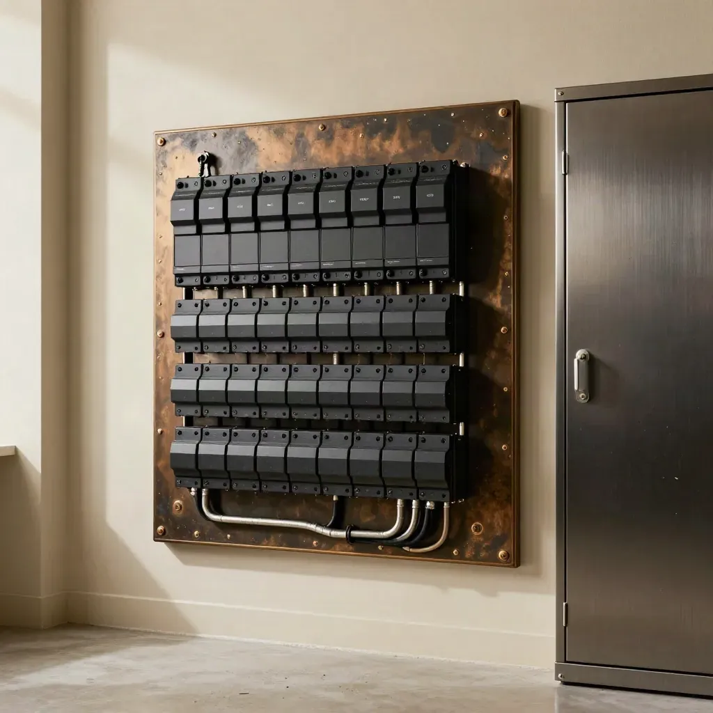 Upgraded office fuse board beside tidy conduit and a closed cabinet in a clean utility nook.