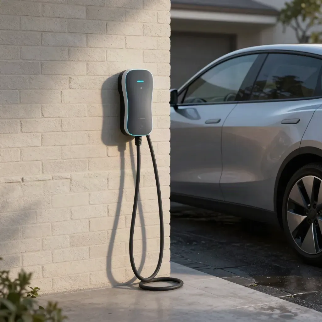 EV charger installed on a driveway beside a parked electric car at dusk.