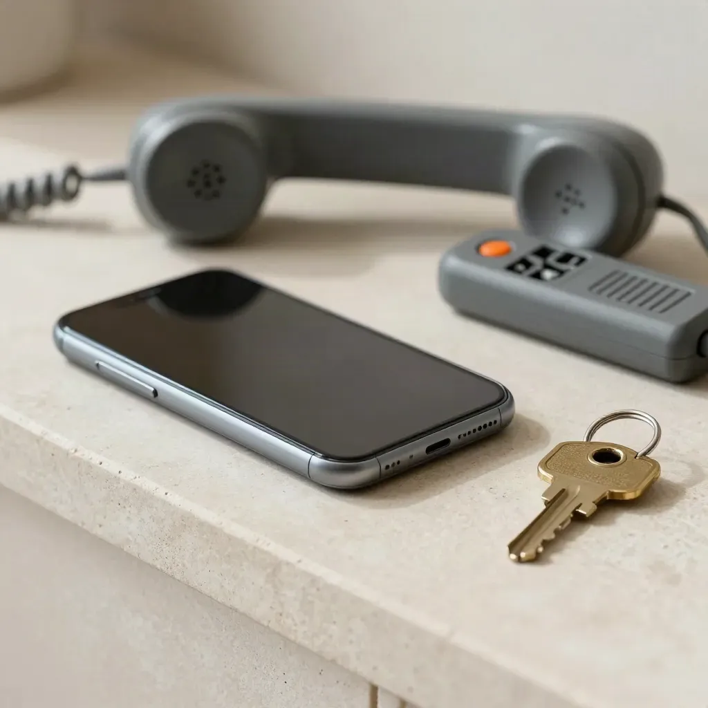 Face-down smartphone, cordless handset, key ring and socket tester on a stone hall shelf.