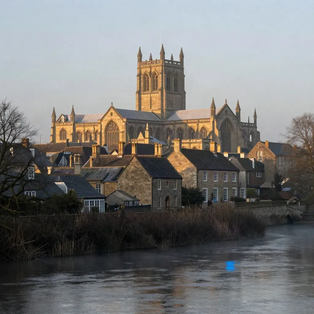 Wakefield cathedral spire above misty stone rooftops at sunrise