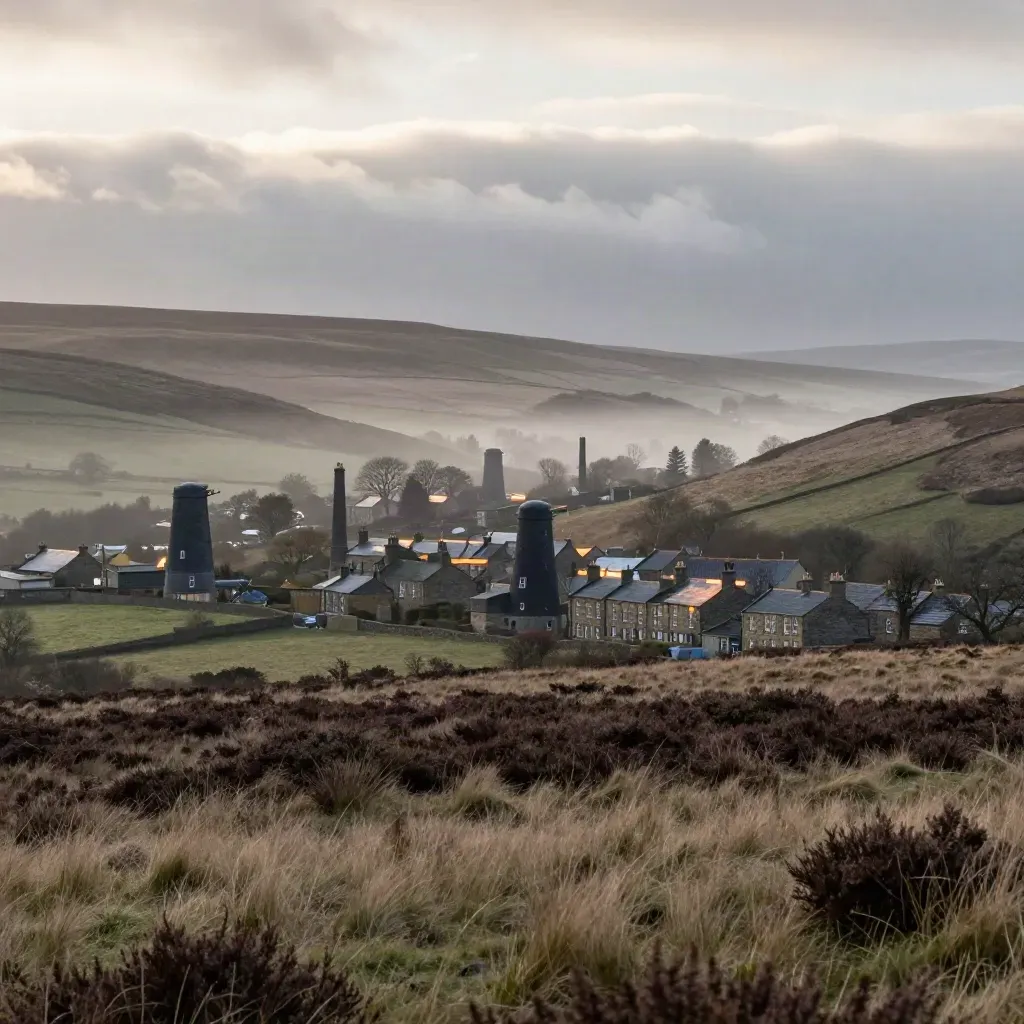 Bradford valley bowl with mills and stone terraces under misty moorland light