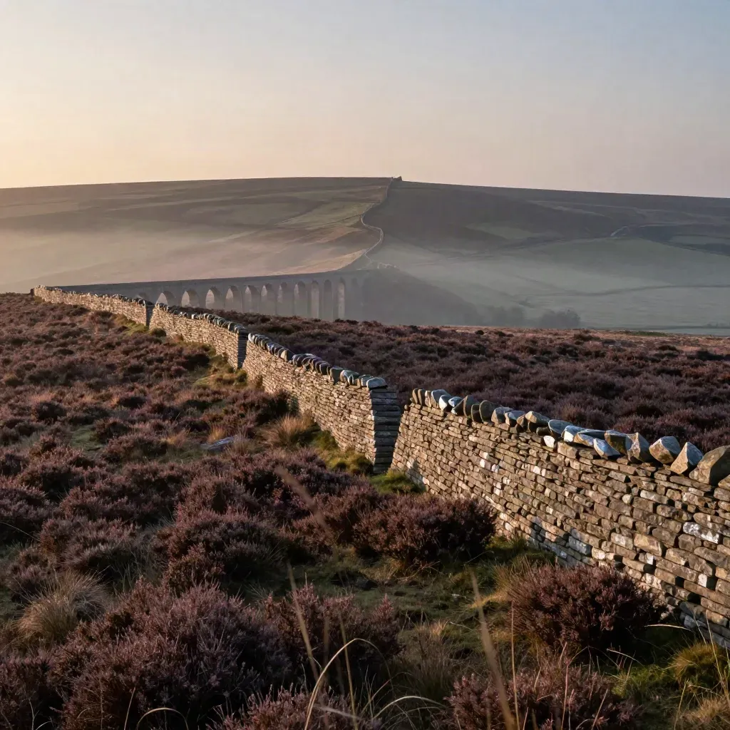 Twilight Pennine ridge, dry-stone walls and a distant viaduct above hazy West Yorkshire moorland.
