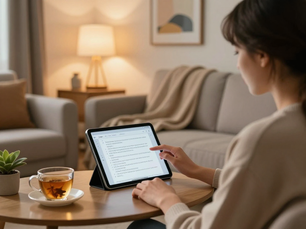 Engaging moment between a person and their AI girlfriend in a cozy living room, highlighting modern technology.