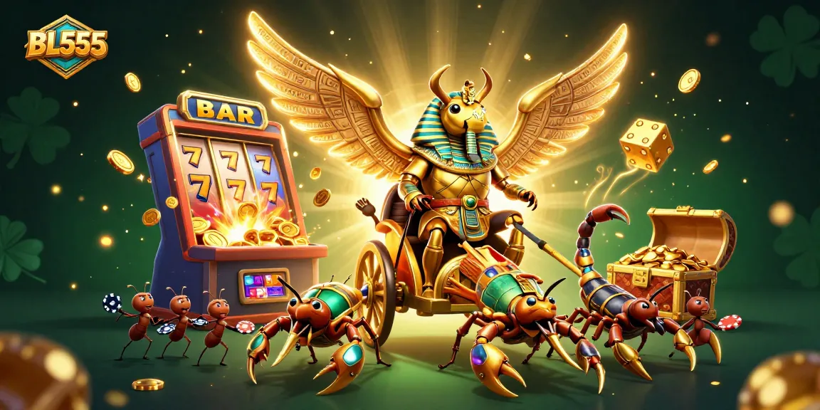 Engage in thrilling gaming at BL555, featuring a golden scarab and vibrant slot machine bursts.