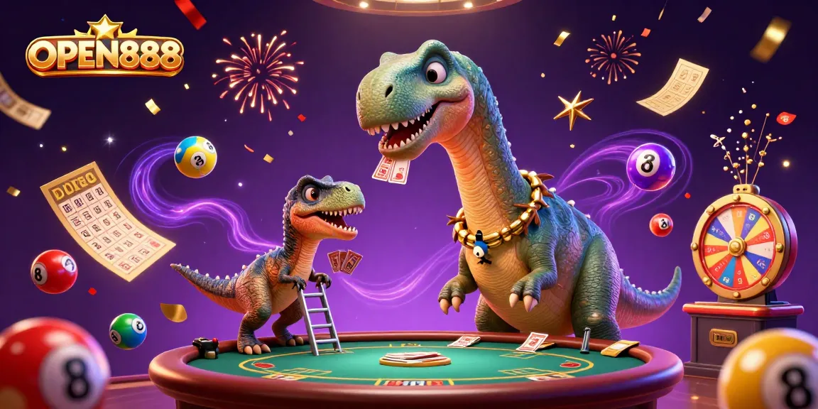 Engage with OPEN888's exciting gaming scene illustrated by a whimsical brontosaurus and clever raptor