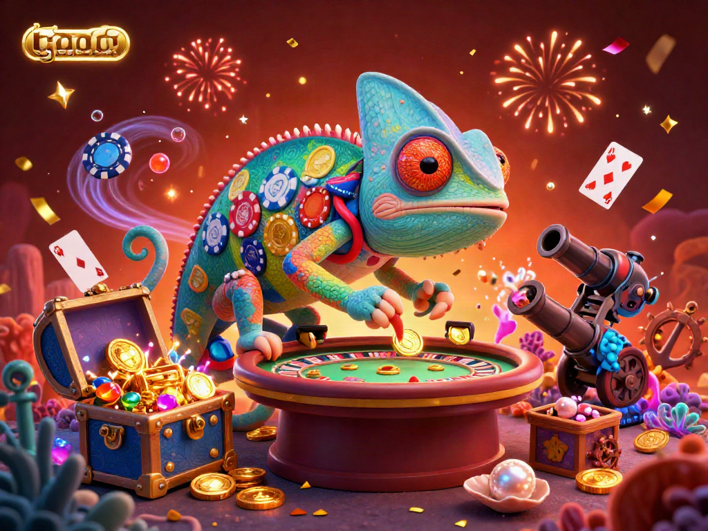 Experience the vibrant world of toto gacor with a colorful chameleon casino owner and glittering treasures.