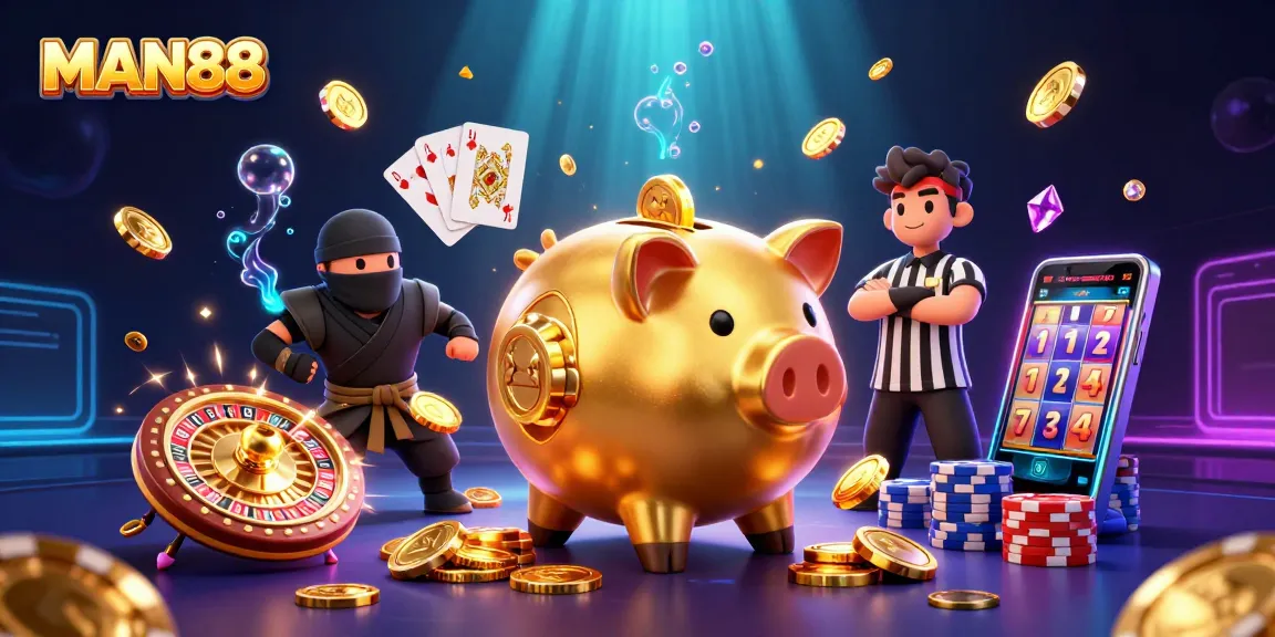 Engage in MAN88 gameplay with golden coins and colorful casino elements radiating from an exciting 3D scene.
