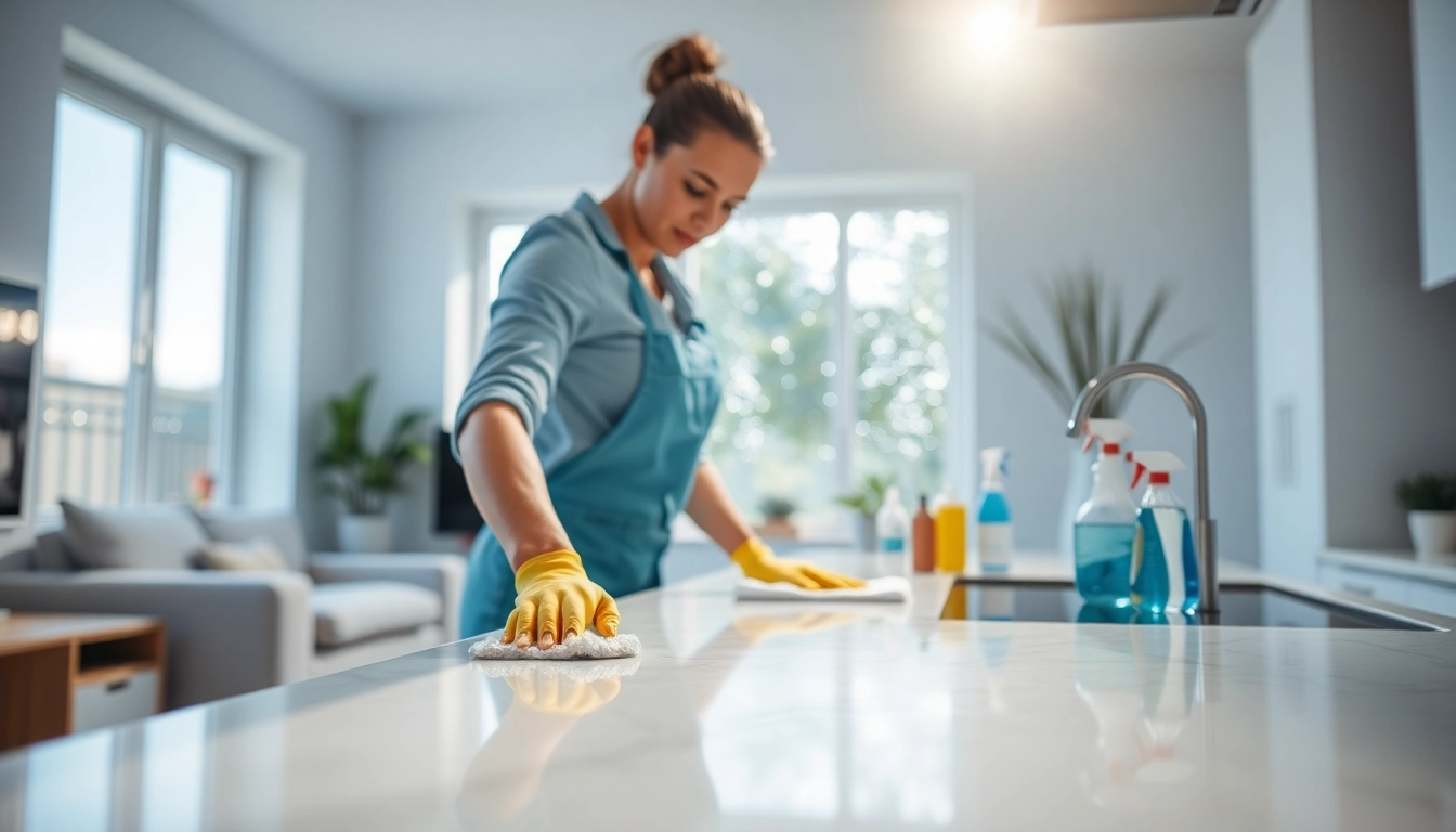 Bond cleaning in action with a cleaner scrubbing surfaces in a spotless kitchen.