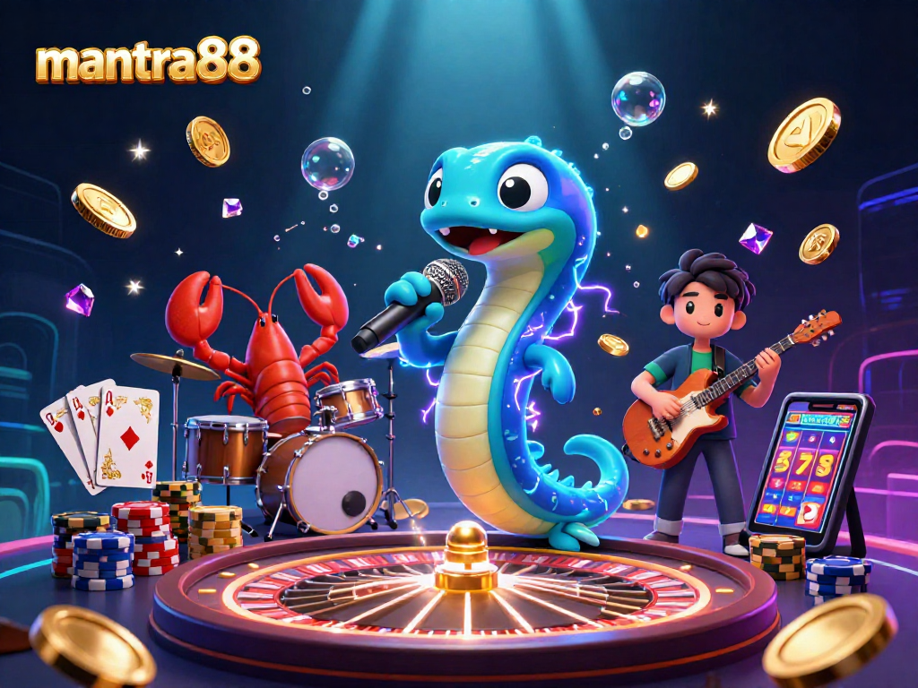 Experience thrilling gameplay with mantra88's underwater casino in this vibrant scene featuring electric eel, lobster drummer, and seahorse guitarist.