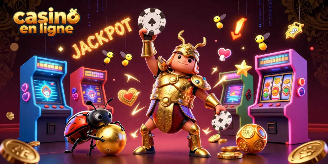Un casino en ligne vibrant avec un scarabée Hercule et un symbole JACKPOT illuminé.