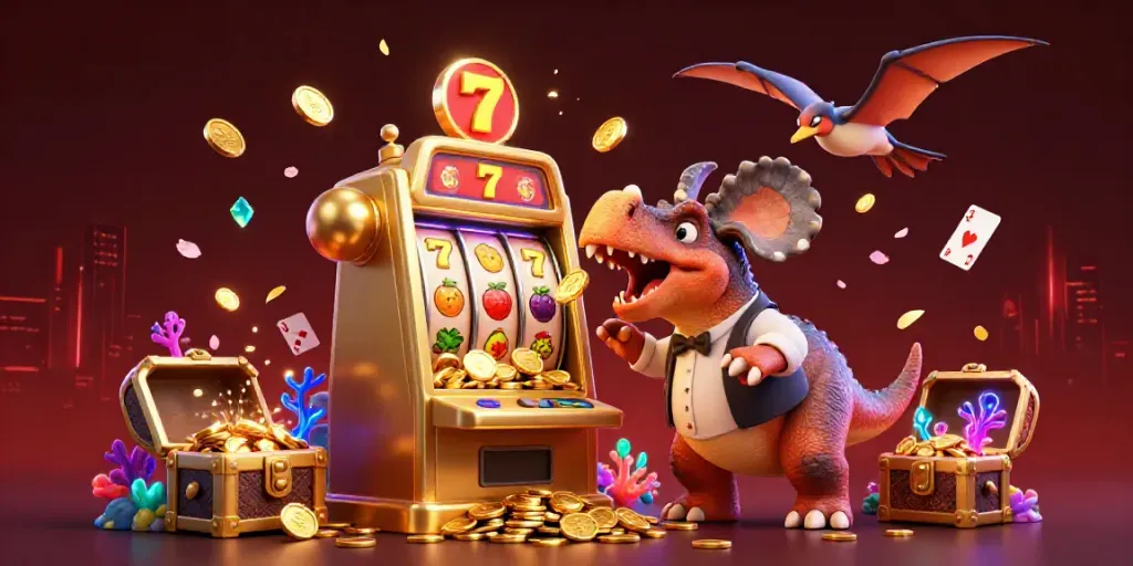 Experience a thrilling ojol 333 gaming scene with a pachycephalosaurus hitting a jackpot, emphasizing excitement and action.
