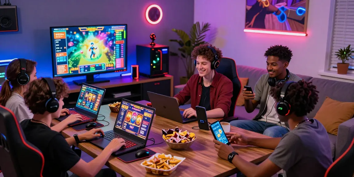 Diverse friends enjoying gaming on lavowin site with laptops and vibrant atmosphere.
