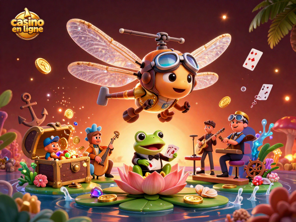 Obtenez le frisson du casino en ligne avec un pilote de libellule et un croupier grenouille dans une scène dynamique.