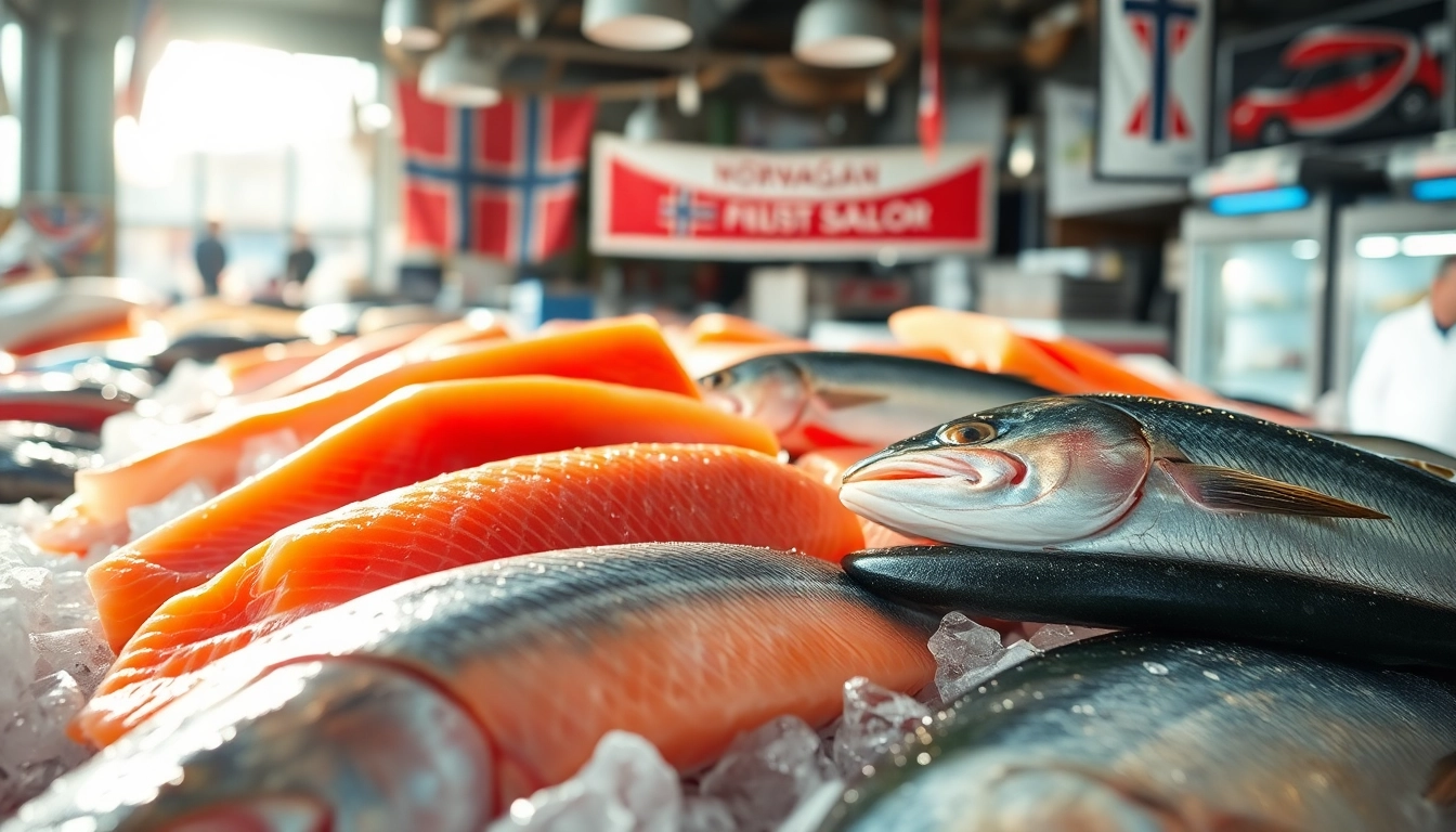 Prominent seafood exporter Norway displaying fresh catches in an inviting market.