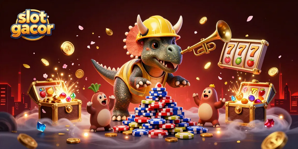 Cheerful triceratops builds a poker chip pyramid in a vibrant casino-themed illustration of slot gacor.