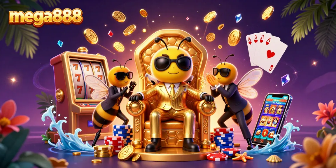 Spin the mega888 reels with a vibrant scene of a cartoon bumblebee mob boss and colorful game elements.