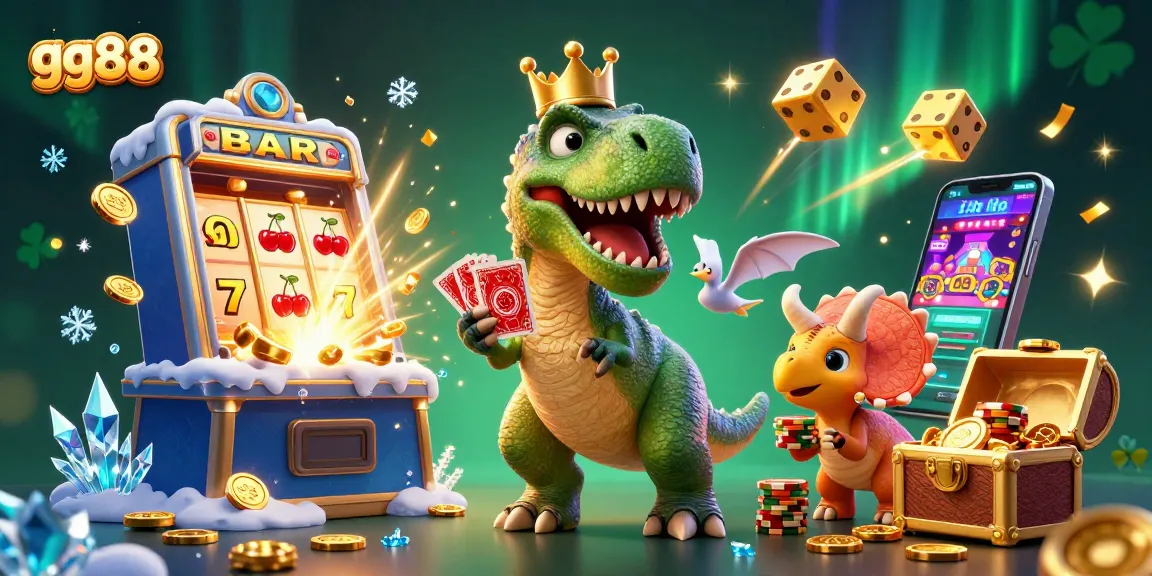Experience thrilling gameplay with gg88 as a friendly T-Rex plays cards in a vibrant casino scene.