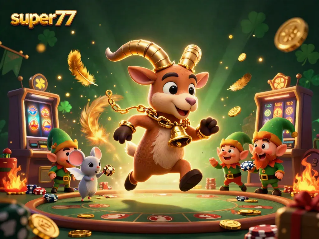 Experience the thrill of super77 casino with cartoon Krampus and elf gremlins in a festive scene.