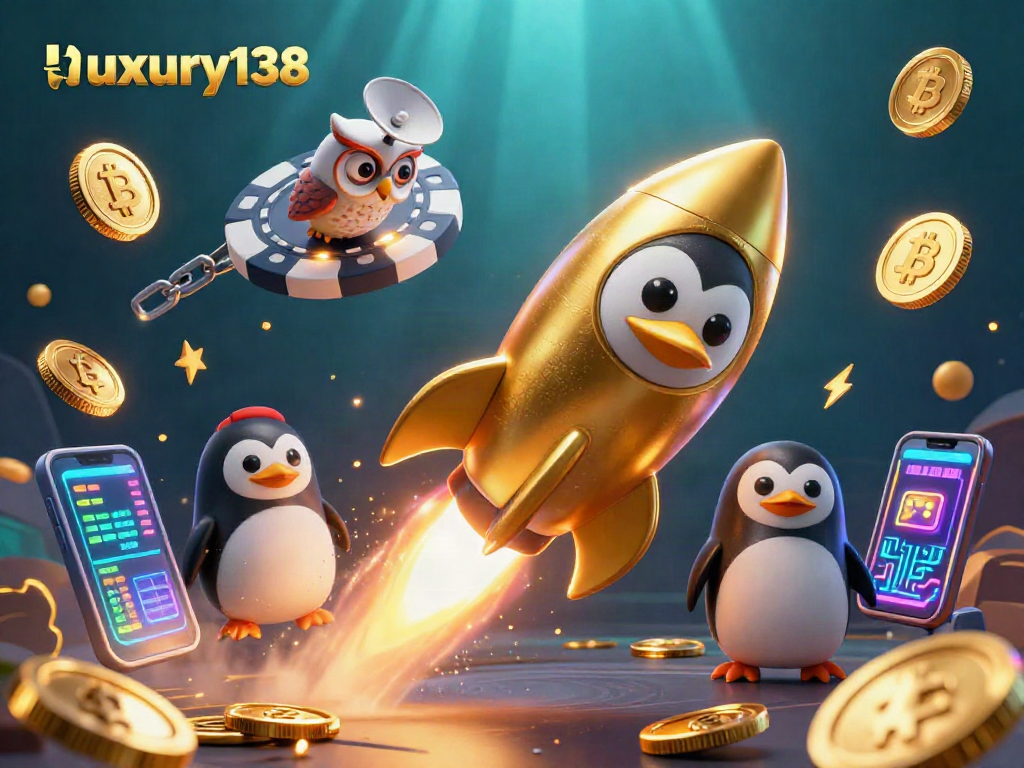 Luxury138 menampilkan penguin emas dengan roket, meluncur ke stasiun kasino, mengelilingi koin kripto digital.