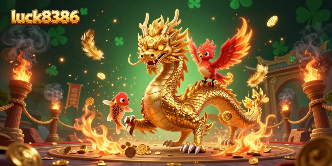Bet on luck8386 with a dynamic 3D casino scene featuring a golden dragon and phoenix.