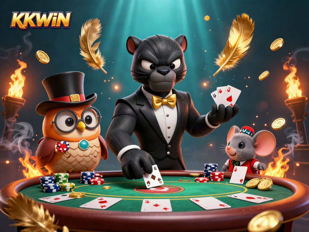 Experience thrilling poker action with KKWIN characters at a vibrant casino table.