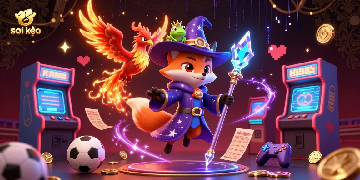 Engage in soi kèo betting strategies with a colorful 3D wizard, phoenix, and enchanted frog in a dynamic casino scene.