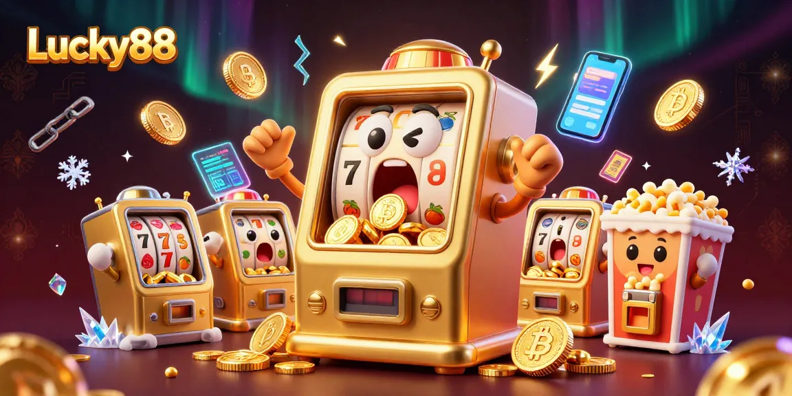 Lucky88 slot machine surprises with a jackpot as golden coins cascade around in an exciting casino scene.
