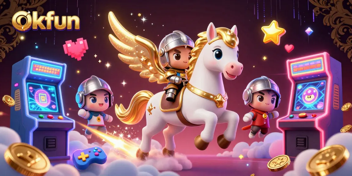 Experience the excitement of okfun as a knight rides a celestial horse through a vibrant 3D gaming world.