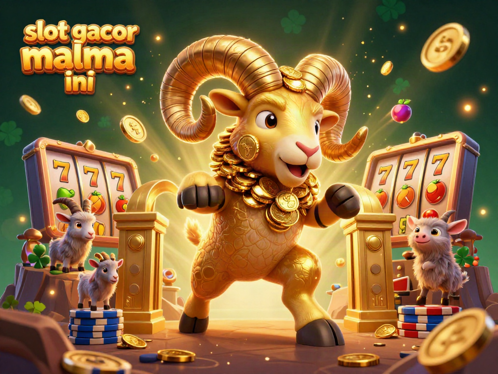 Engage with slot gacor malma ini in this vibrant 3D scene featuring golden ram and slot game elements.