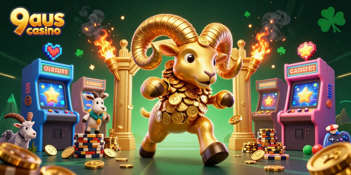 Experience thrilling gameplay at 9aus casino with a cartoon ram charging through vibrant gaming elements.