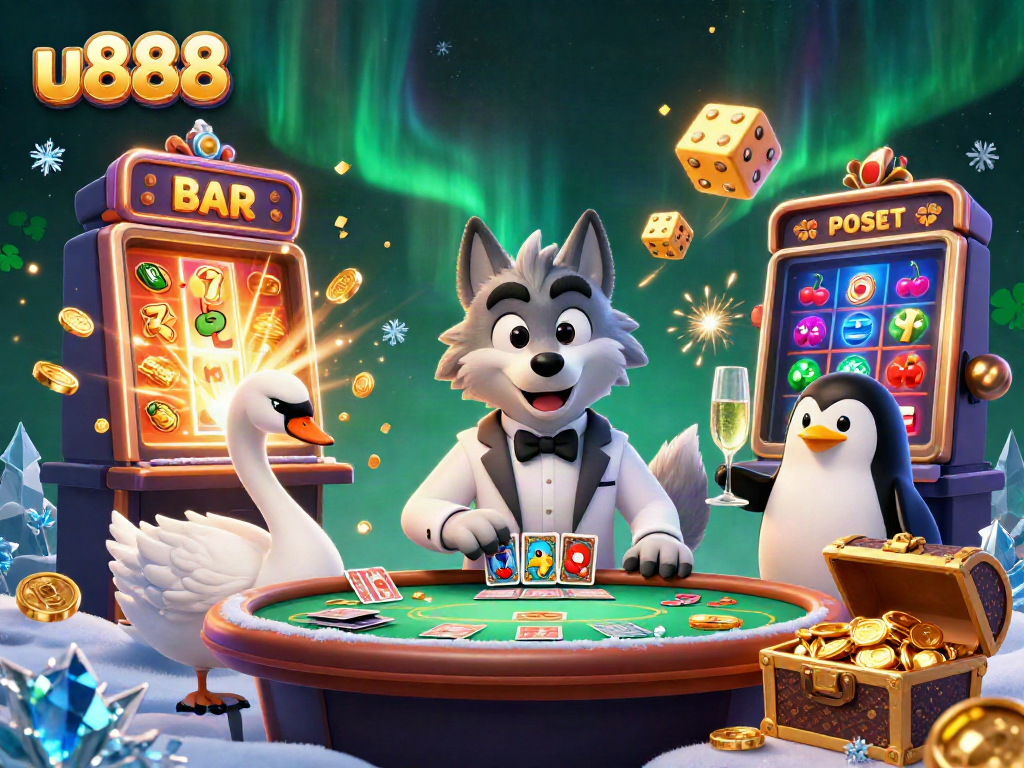 Experience excitement with u888 as cartoon characters engage in thrilling games at a vibrant casino scene.