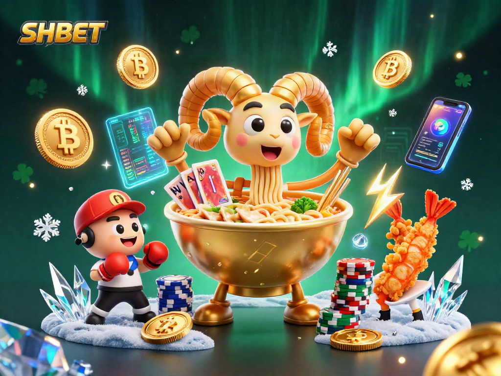 Engage with SHBET's vibrant casino scene featuring a giant ramen bowl dealer and crypto elements.