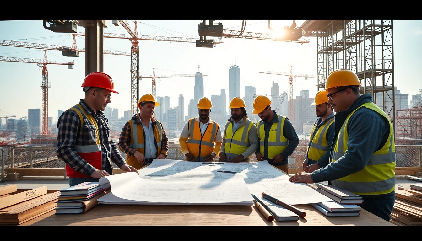 Engaged New York Commercial General Contractor collaborating with workers at a bustling construction site.