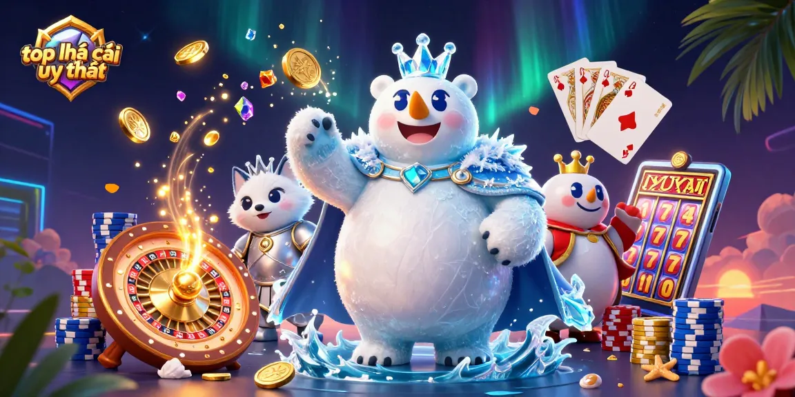 Win big with top nhà cái uy tín featuring dazzling polar bear and fox amidst casino elements.