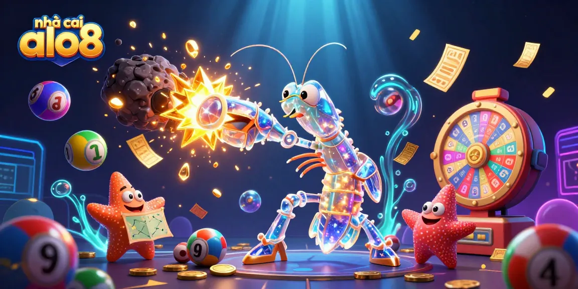 Engaging scene depicting nhà cái alo8 with vibrant lottery balls, a galactic shrimp, and dynamic casino elements.