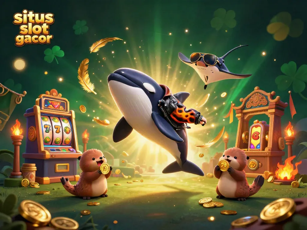 Engaging scene showcasing situs slot gacor with a playful orca, stingray, and otters playing with coins and a slot machine.