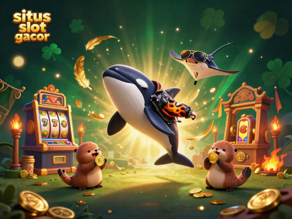 Engaging scene showcasing situs slot gacor with a playful orca, stingray, and otters playing with coins and a slot machine.